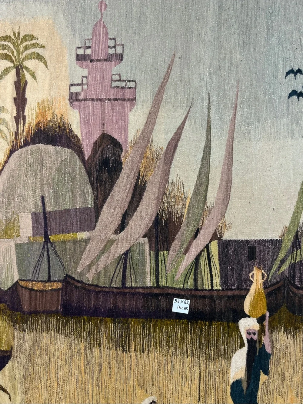 Handwoven Scenic Tapestry Wall Decor in Pastel Greens and Pinks 58x82”